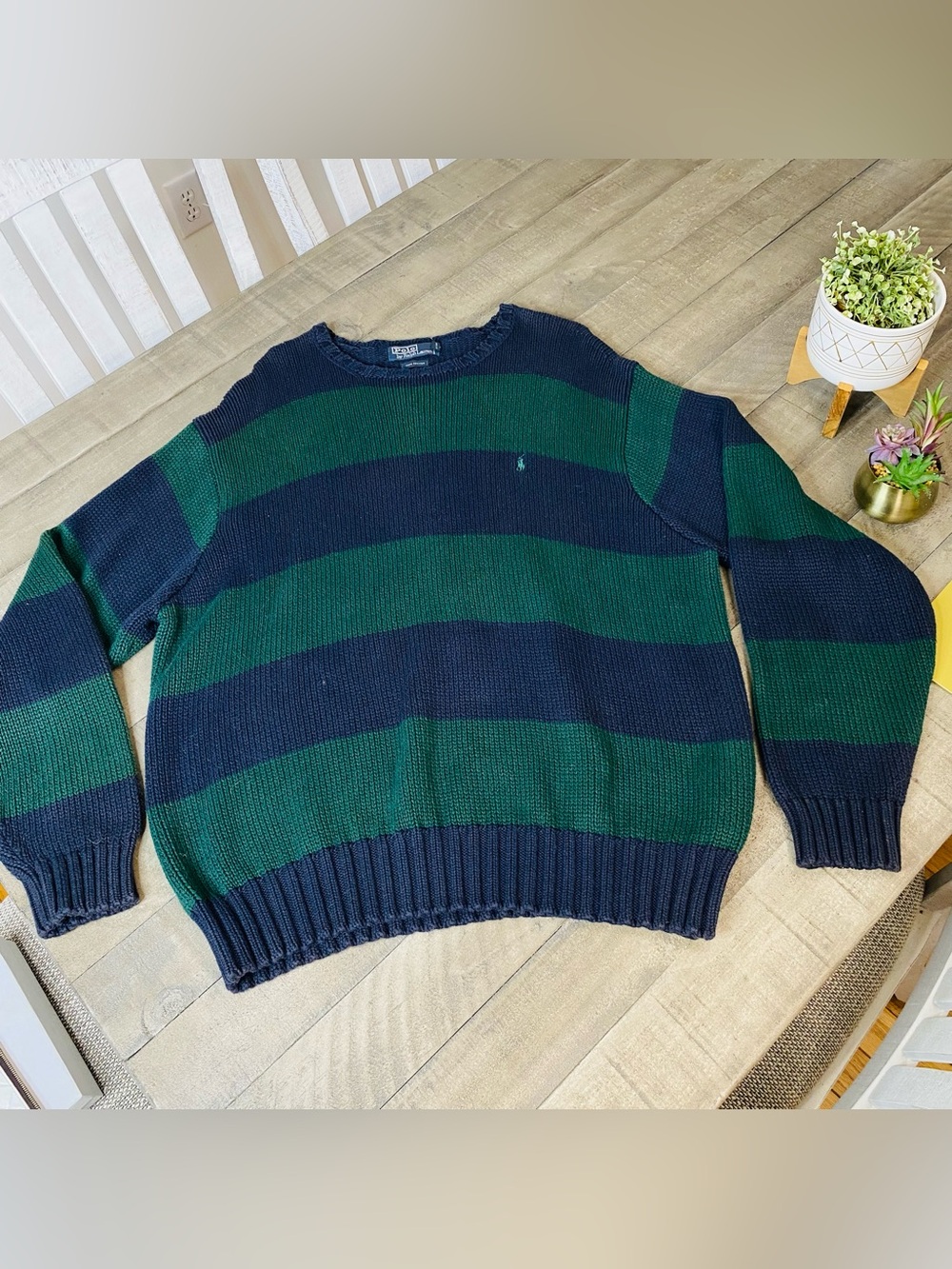 VTG 90s Polo Ralph Lauren Striped Knit Sweater Men’s Green Navy Crewneck XXL - Picture 2 of 7